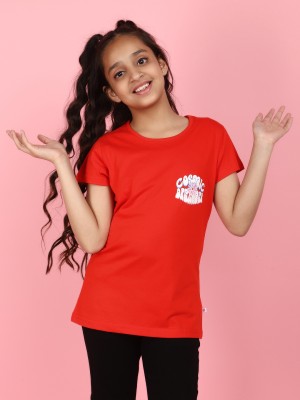 V-MART Girls Printed Pure Cotton Regular T Shirt(Red, Pack of 1)