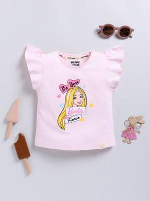 Happy Faces Girls Printed Pure Cotton Regular T Shirt(Pink, Pack of 1)