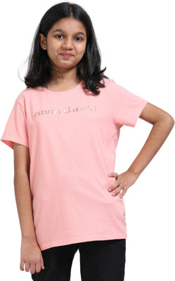 estuna Girls Printed Pure Cotton Regular T Shirt(Pink, Pack of 1)