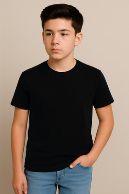 NOW OR NEVER Boys Solid Polyester Regular T Shirt(Black, Pack of 1)