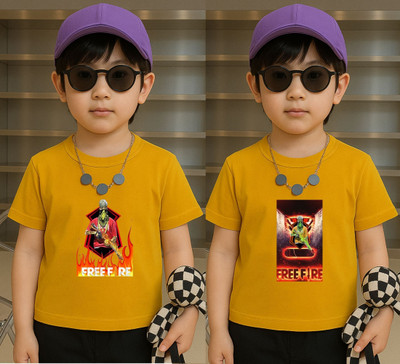 Lecowar Boys Printed Polyester Regular T Shirt(Yellow, Pack of 1)
