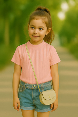 Rory Girls Solid Cotton Blend Regular T Shirt(Pink, Pack of 1)