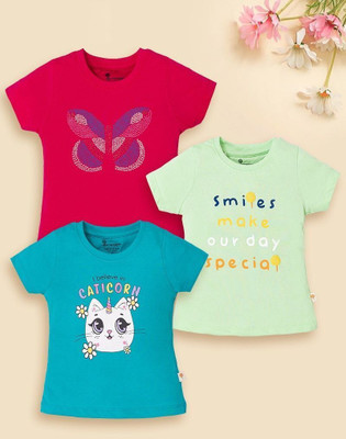 ELEMENOPEE Baby Girls Animal Print Pure Cotton Regular T Shirt(Multicolor, Pack of 3)
