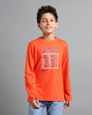 Under Fourteen Only Boys Printed Pure Cotton Regular T Shirt(Orange, Pack of 1)
