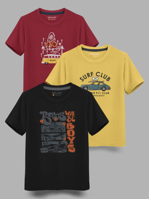 Hellcat Boys Printed Cotton Blend Regular T Shirt(Multicolor, Pack of 3)