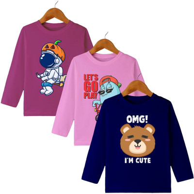 MYO Boys & Girls Printed Cotton Blend Regular T Shirt(Multicolor, Pack of 3)