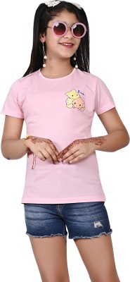 Telesto Girls Cartoon Cotton Blend T Shirt(Pink, Pack of 1)