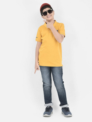CRIMSOUNE CLUB Boys Solid Cotton Blend Regular T Shirt(Yellow, Pack of 1)