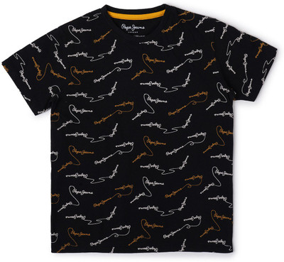 Pepe Jeans Boys Printed Cotton Blend Regular T Shirt(Black, Pack of 1)