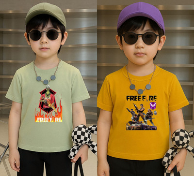 Lecowar Boys Printed Polyester Regular T Shirt(Green, Yellow, Pack of 1)