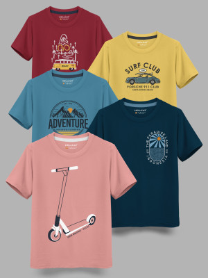 Hellcat Boys Printed Cotton Blend Regular T Shirt(Multicolor, Pack of 5)