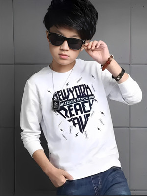 FastColors Boys Typography, Printed Cotton Blend Slim T Shirt(White, Pack of 1)