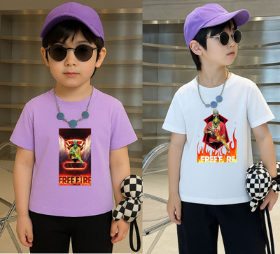 Lecowar Boys Printed Polyester Regular T Shirt(Purple, White, Pack of 2)