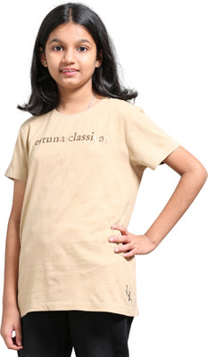 estuna Girls Printed Pure Cotton Regular T Shirt(Beige, Pack of 1)