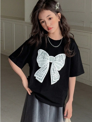 brief chickade Girls Graphic Print Pure Cotton Regular T Shirt(Black, Pack of 1)