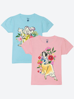 YK Disney Girls Printed Cotton Blend Regular T Shirt(Blue, Pink, Pack of 2)