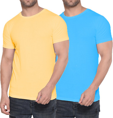Kroptee Boys Solid Cotton Blend Regular T Shirt(Light Blue, Yellow, Pack of 2)