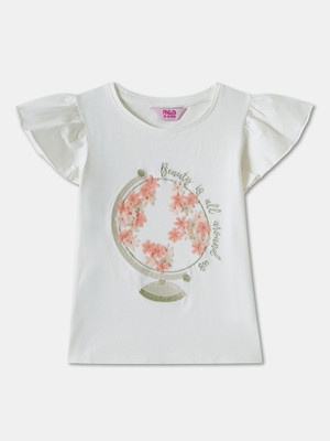 R&B Girls Graphic Print Pure Cotton Regular T Shirt(White, Pack of 1)