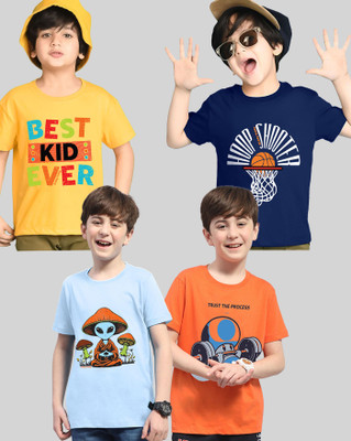 AUSK Boys Printed Cotton Blend Regular T Shirt(Orange, Yellow, Pack of 4)