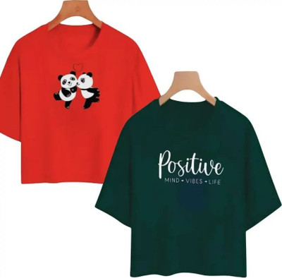 Everfab Girls Printed Cotton Blend Regular T Shirt(Red, Dark Green, Pack of 2)