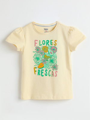 milou Girls Printed Pure Cotton Regular T Shirt(Yellow, Pack of 1)
