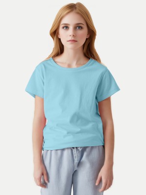 radprix Girls Solid Cotton Blend Regular T Shirt(Light Blue, Pack of 76)