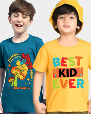 AOOSH Boys Printed Cotton Blend Regular T Shirt(Yellow, Dark Blue, Pack of 2)