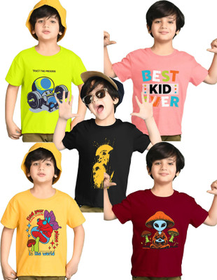Kiddy Viddy Boys Printed Cotton Blend Regular T Shirt(Pink, Light Green, Pack of 5)