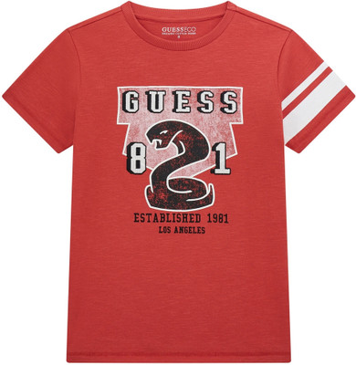 GUESS Boys Printed Pure Cotton Regular T Shirt(Red, Pack of 1)