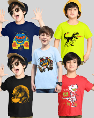 AOOSH Boys Printed Cotton Blend Regular T Shirt(Light Green, Light Blue, Pack of 5)