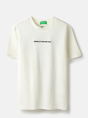 United Colors of Benetton Boys Printed Pure Cotton Regular T Shirt(White, Pack of 1)