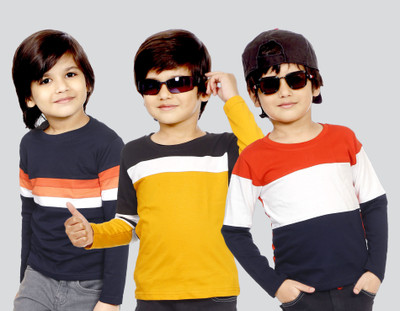 Mojua Boys Striped Pure Cotton Regular T Shirt(Multicolor, Pack of 3)