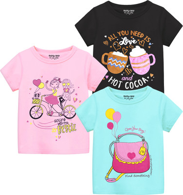 Miss & Chief Girls Printed Pure Cotton Regular T Shirt(Multicolor, Pack of 3)