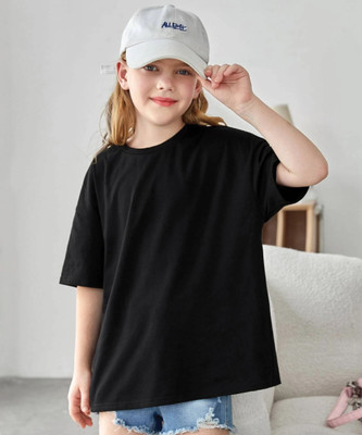 Christy World Girls Printed Pure Cotton Oversized T Shirt(Black, Pack of 1)