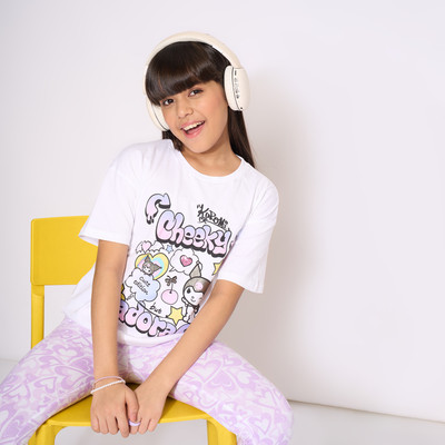 Pantaloons Junior Girls Printed Cotton Blend Regular T Shirt(White, Pack of 1)