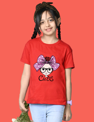 Nusyl Girls Graphic Print Cotton Blend Oversized T Shirt(Red, Pack of 1)