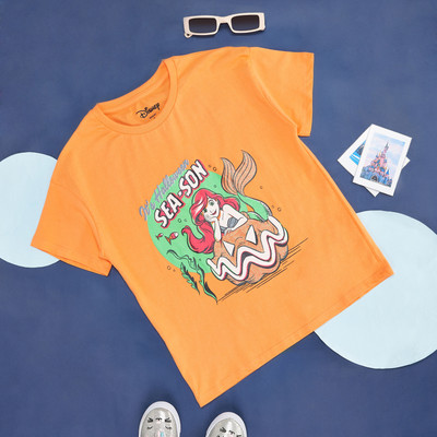 Pantaloons Junior Girls Printed Pure Cotton Regular T Shirt(Orange, Pack of 1)