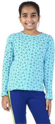 IndiWeaves Girls Printed Pure Cotton Regular T Shirt(Multicolor, Pack of 1)