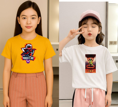 Kintu Parantu Girls Graphic Print Polyester Regular T Shirt(Multicolor, Pack of 2)