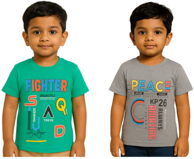 BARATHIDEVI TEX Boys Printed Cotton Blend Regular T Shirt(Green, Grey, Pack of 2)