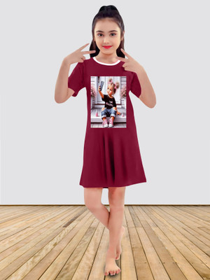 HouseOfCommon Baby Girls Printed Pure Cotton Regular T Shirt(Maroon, Pack of 1)