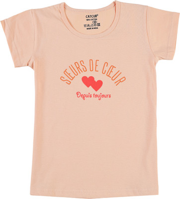 CATCUB Girls Typography, Printed Cotton Blend Regular T Shirt(Multicolor, Pack of 1)