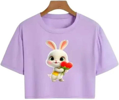 Wearax Girls Graphic Print Cotton Blend Regular T Shirt(Purple, Pack of 1)