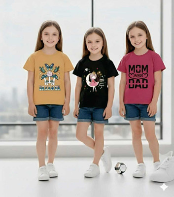 jpf Girls Printed Cotton Blend Regular T Shirt(Multicolor, Pack of 3)