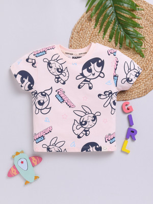 Happy Faces Baby Girls Cartoon Pure Cotton Regular T Shirt(Pink, Pack of 1)