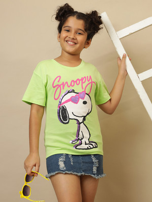 kidsville Girls Printed Pure Cotton Oversized T Shirt(Green, Pack of 1)