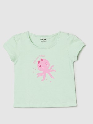 MAX Baby Girls Graphic Print Pure Cotton T Shirt(Blue, Pack of 1)