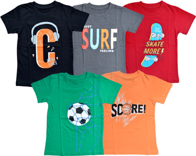 FAZZA Boys Printed Pure Cotton Regular T Shirt(Multicolor, Pack of 5)