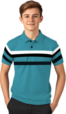 Kiddy Viddy Boys Striped Cotton Blend Regular T Shirt(Dark Blue, White, Pack of 1)