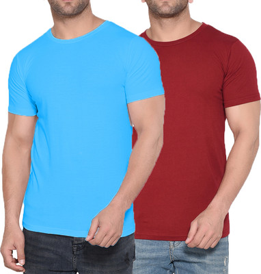 Kroptee Boys Solid Cotton Blend Regular T Shirt(Light Blue, Maroon, Pack of 2)